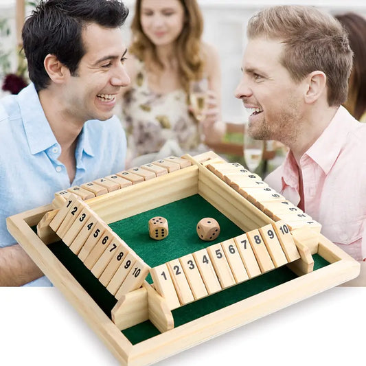 Wooden dice board game with flaps for family game night