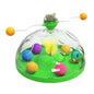 Cat toy with colorful balls and a green base on a white background