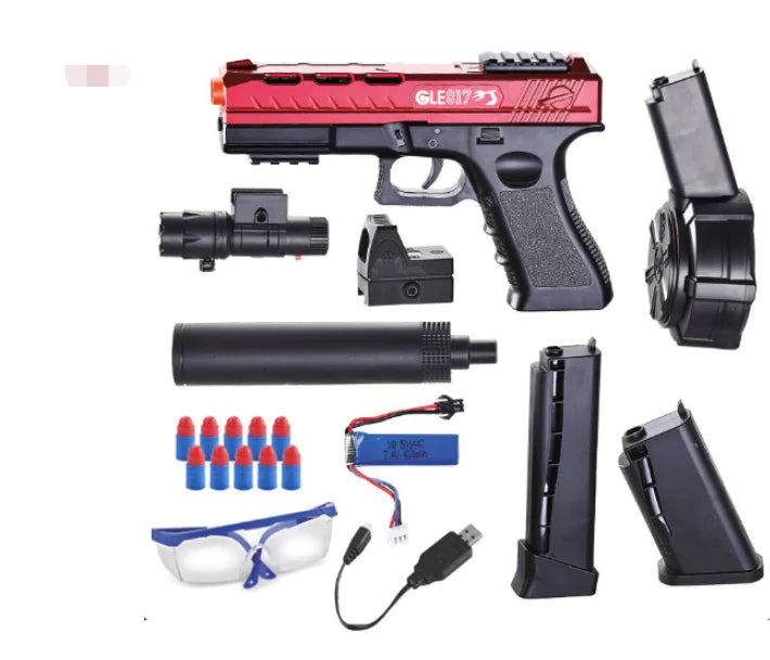 Red and black toy gun with accessories on a white background