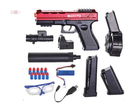Red and black toy gun with accessories on a white background