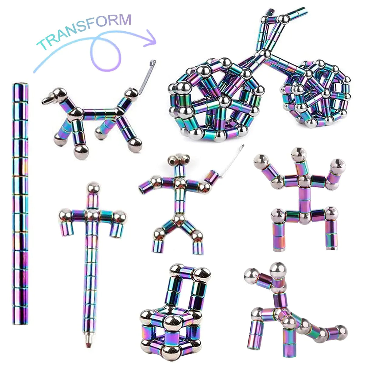 Colorful magnetic building toy set with various shapes on a white background