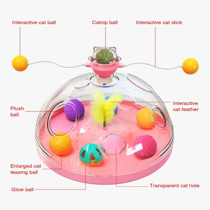 Cat toy with various interactive elements labeled