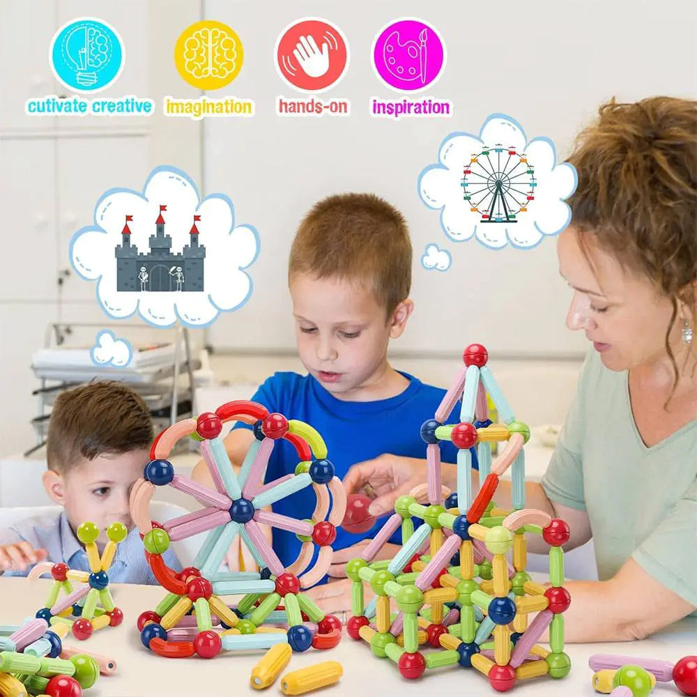 Children playing with colorful building toys at a table, with educational icons and text above them.