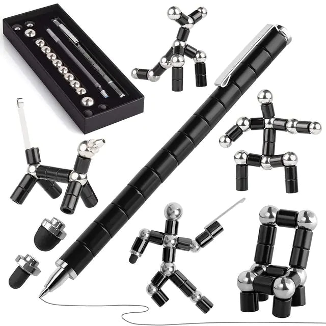 Black and silver magnetic building pen with various configurations on a white background