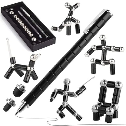 Black and silver magnetic building pen with various configurations on a white background